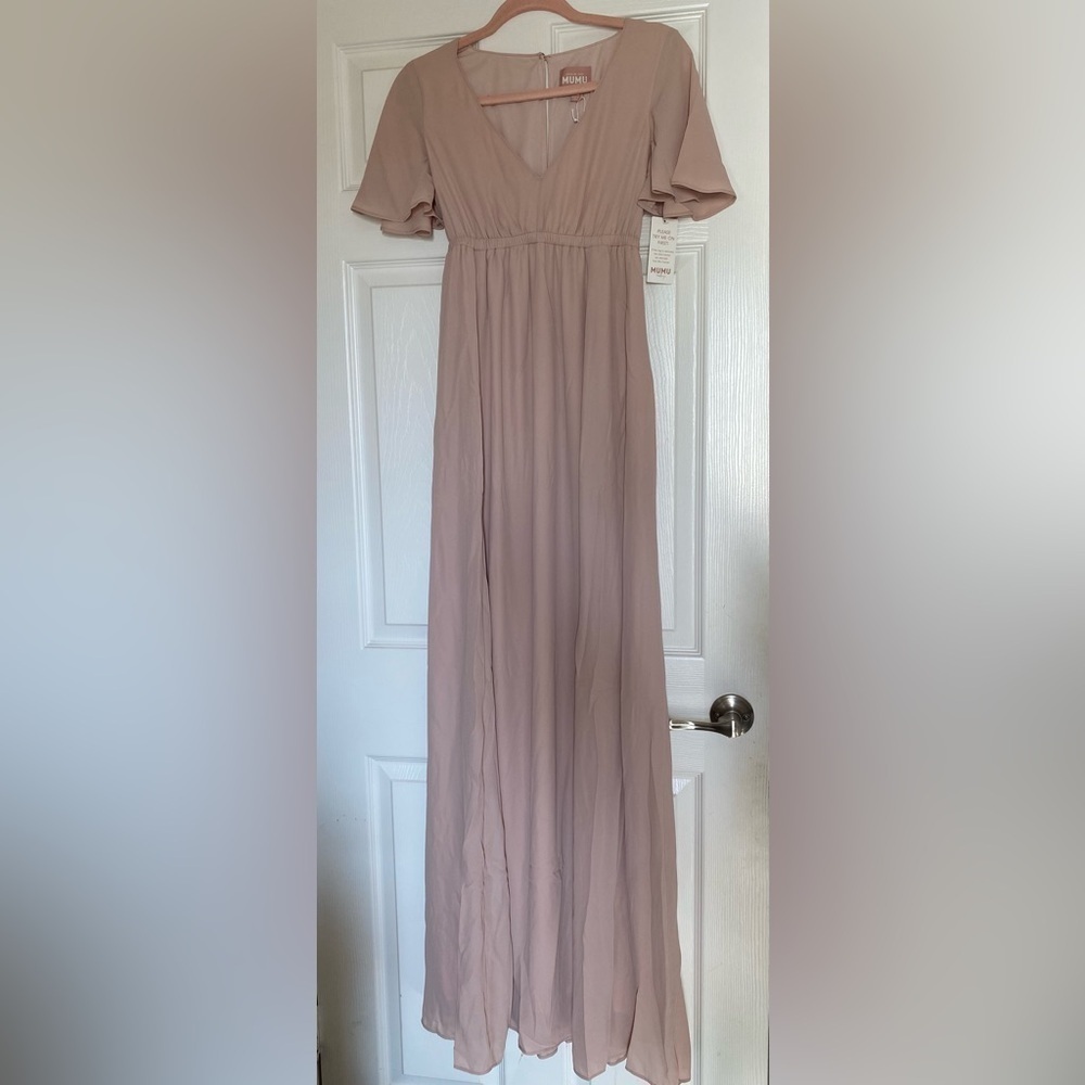 NWT Show Me Your Mumu Emily Empire Maxi Dress Dusty Blush Crisp Size XXS